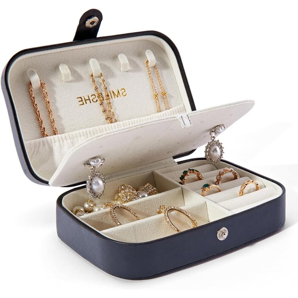 Jewelry Box, PU Leather Small Portable Travel Case, 2 Layers Organizer Display S